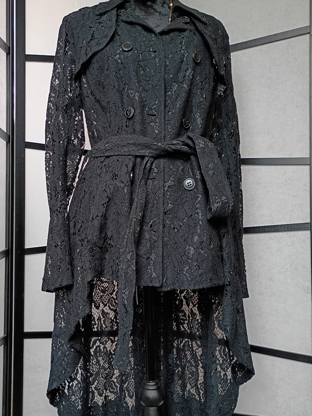 Black Lace Belted Trench Coat - Picture 4 of 8